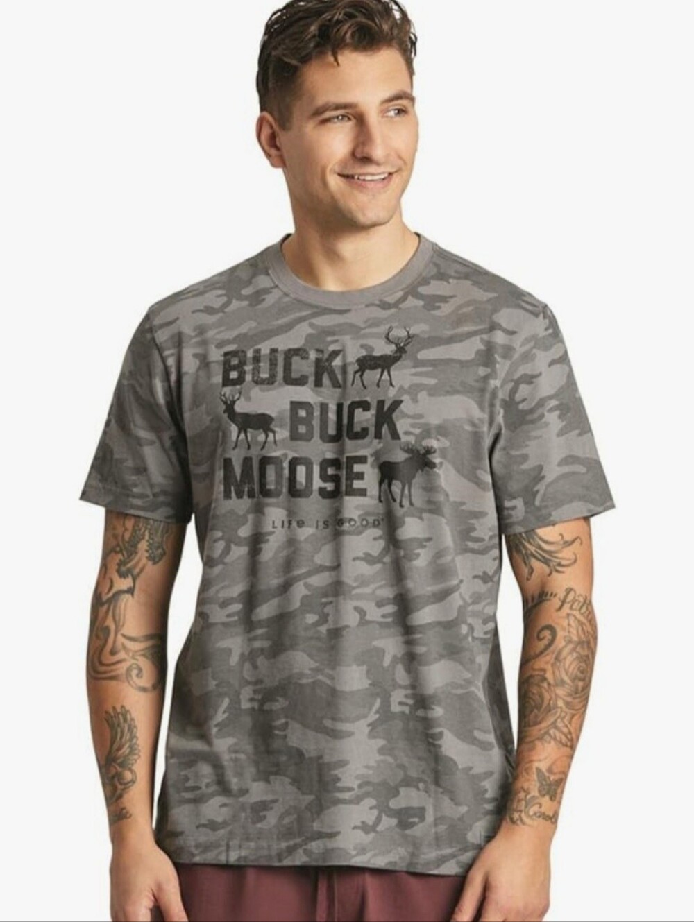 Mens LIFE IS GOOD Buck Buck Moose Camo Short Sleeve Shirt Crusher Tee XL Hunting